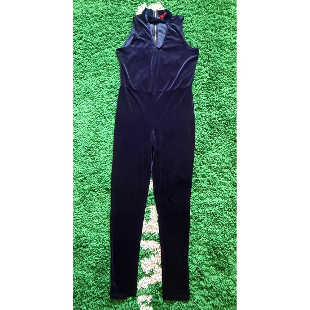 Navy Blue Velvet Sleeveless Jumpsuit Mock Neck Cutout Evening Party One Piece